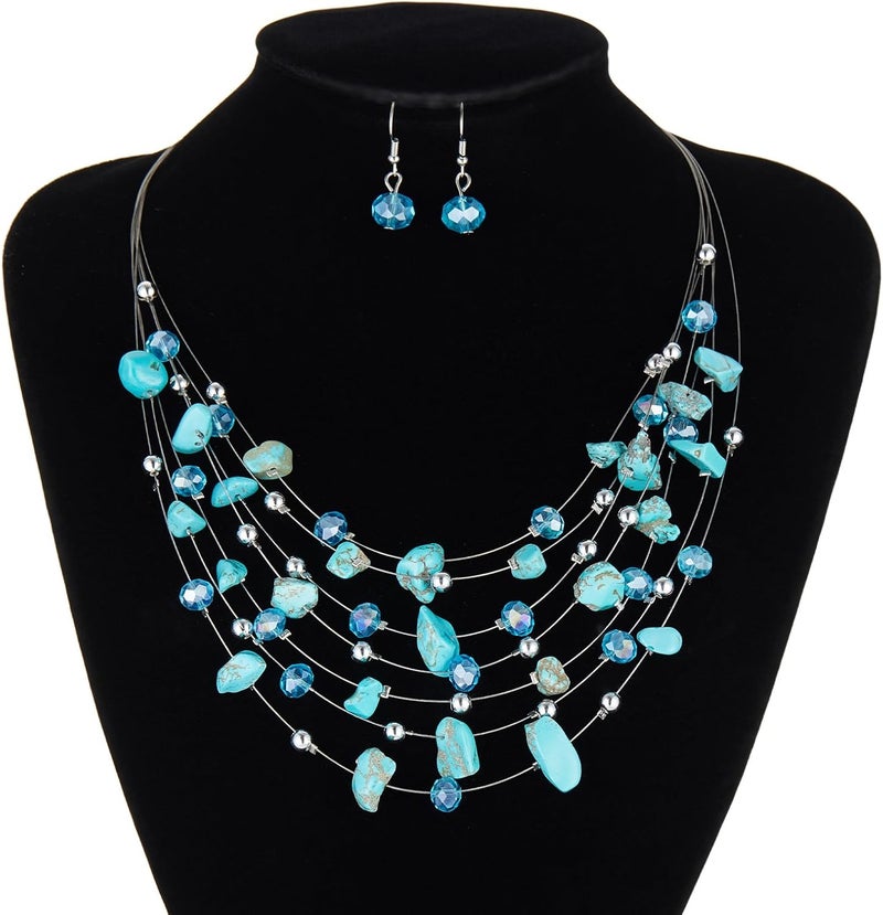 Errally Store Multi-Layer Boho Shell Beaded Necklace for Women Colorful Crystal Strand with Silver Beads Statement Collars Necklace and Earrings Costumes Jewelry Sets for Women - Image 4